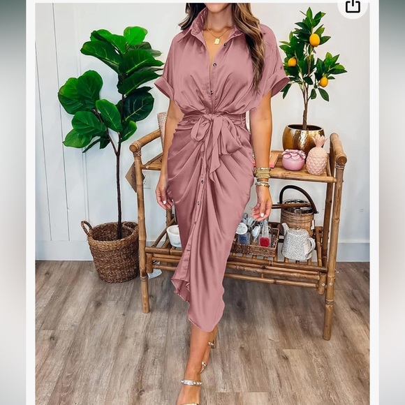 Amazon Button Down Ruched Short Sleeve Pink Shirt Dress, NWOT - Picture 2 of 6